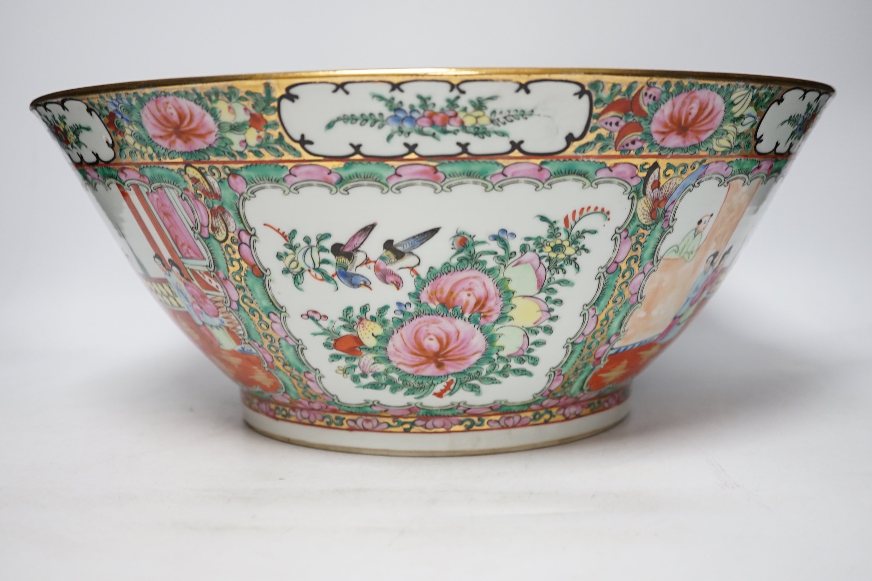 An early 20th century Chinese Canton pattern famille rose bowl, 37cm diameter